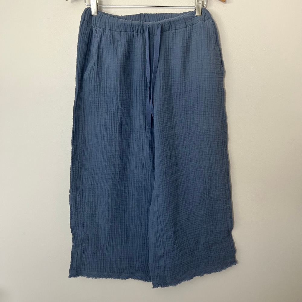 Eileen Fisher Pants Womens Large Blue Gauze Wide Leg Frayed Hem Organic Cotton